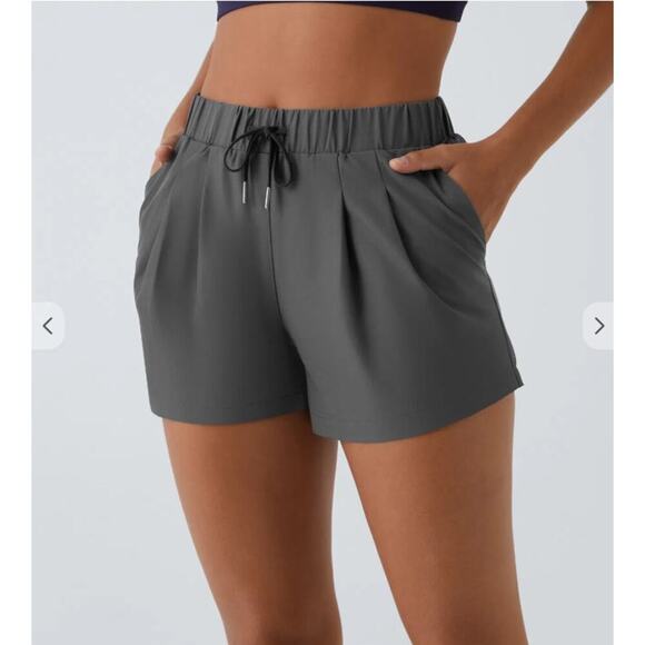 HALARA Mid Rise Elastic Waistband Drawstring Ruched Side Pocket Casual Shorts 3" - Picture 1 of 9